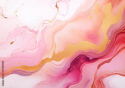 Abstract fluid art painting background in alcohol ink technique, mixture of pink, purple and yellow paints. Transparent overlayers of ink