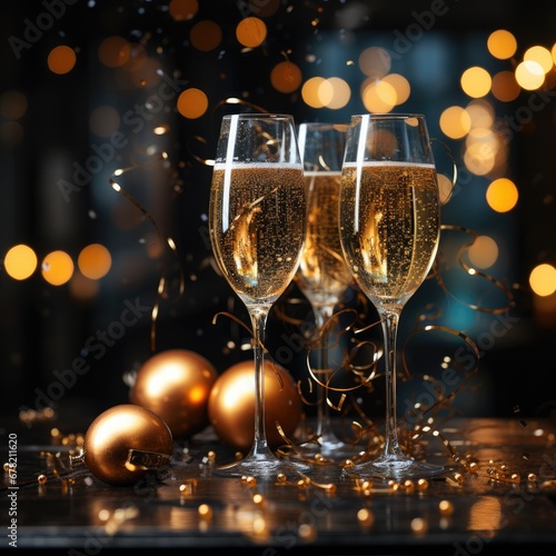 New Year's glasses of champagne postcard, holiday background, wallpaper. Christmas and New Year background. Sparkling champagne in glasses. A glass of champagne. Generative ai.