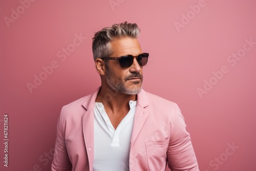 Portrait of a content man in his 40s wearing a trendy sunglasses against a solid pastel color wall. AI Generation © CogniLens