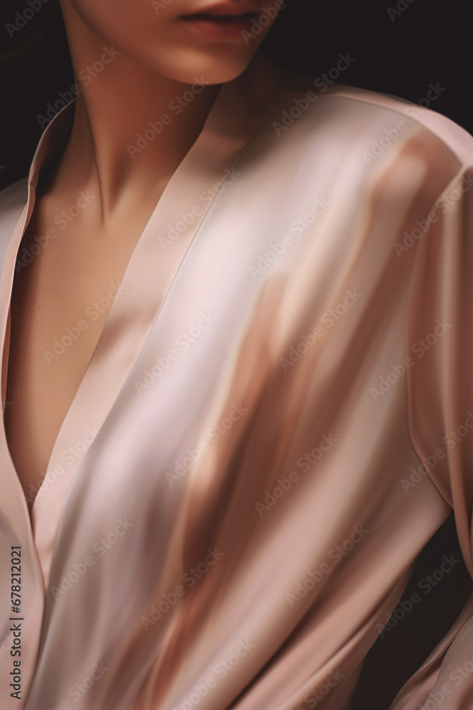 Elegant caucasian woman in a silk pastel blouse against a black background