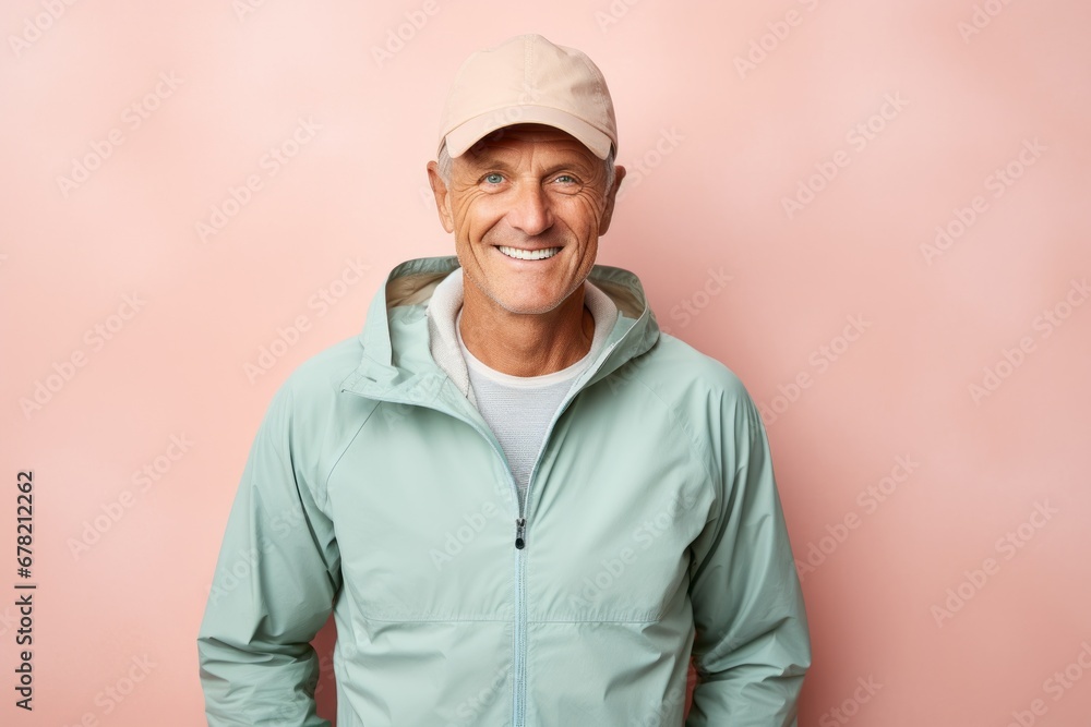 Portrait of a smiling man in his 60s wearing a windproof softshell against a solid pastel color wall. AI Generation