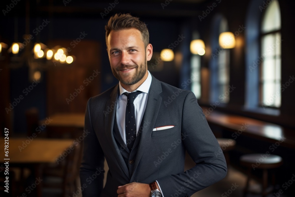 Portrait of a grinning man in his 30s wearing a professional suit jacket against a scandinavian-style interior background. AI Generation Portrait of a grinning man in his 30s wearing a professional suit jacket against a scandinavian-style interior background. AI Generation