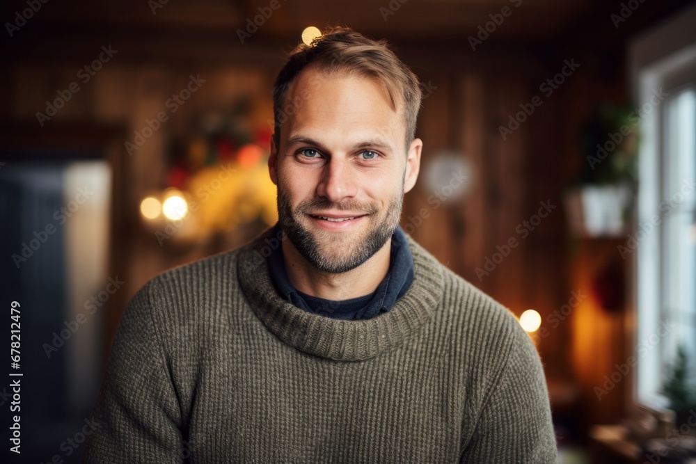 Portrait of a grinning man in his 30s dressed in a warm wool sweater against a scandinavian-style interior background. AI Generation Portrait of a grinning man in his 30s dressed in a warm wool sweater against a scandinavian-style interior background. AI Generation