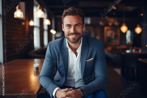 Portrait of a grinning man in his 30s dressed in a stylish blazer against a scandinavian-style interior background. AI Generation