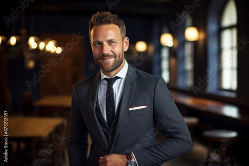 Portrait of a grinning man in his 30s wearing a professional suit jacket against a scandinavian-style interior background. AI Generation