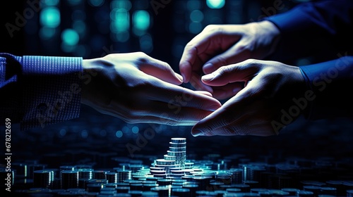 Two business hands touching in unison over a pile of futuristic money coins