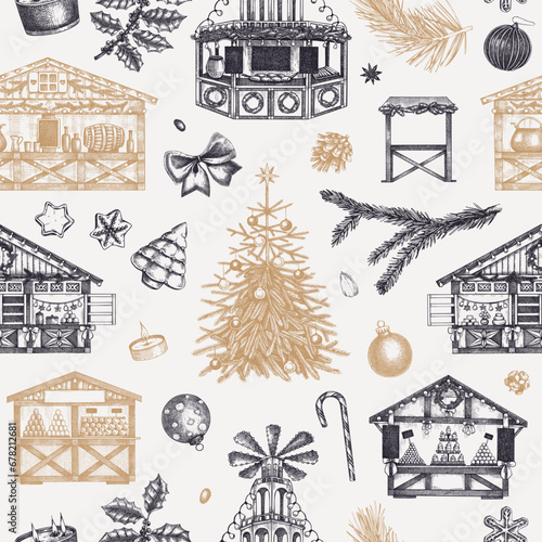 Christmas seamless pattern. Christmas fair background. Hand drawn vector illustration. Winter holiday marketplace. Wooden stall kiosk, Christmas tree, candy shop, decoration, sweets sketches