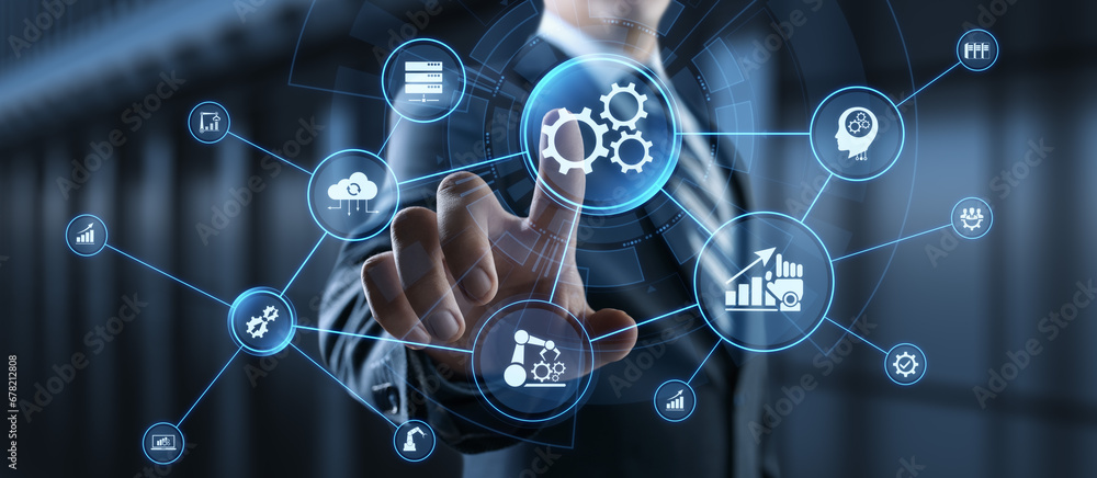 Gears icons business process automation innovation technology concept. Businessman pressing button on screen.