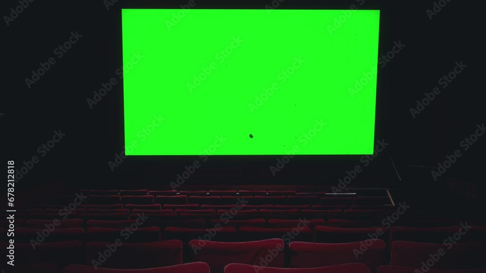 Cinema Green Screen Projection Film Texture Zoom In Empty Movie Theater Seats. Green screen