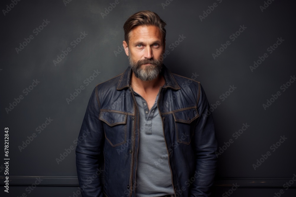 Portrait of a blissful man in his 40s sporting a rugged denim jacket against a scandinavian-style interior background. AI Generation