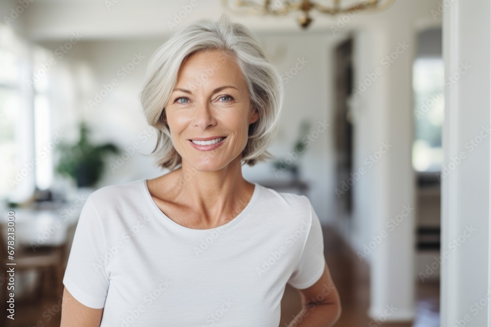 Portrait of a blissful woman in her 50s wearing a sporty polo shirt against a scandinavian-style interior background. AI Generation Portrait of a blissful woman in her 50s wearing a sporty polo shirt against a scandinavian-style interior background. AI Generation