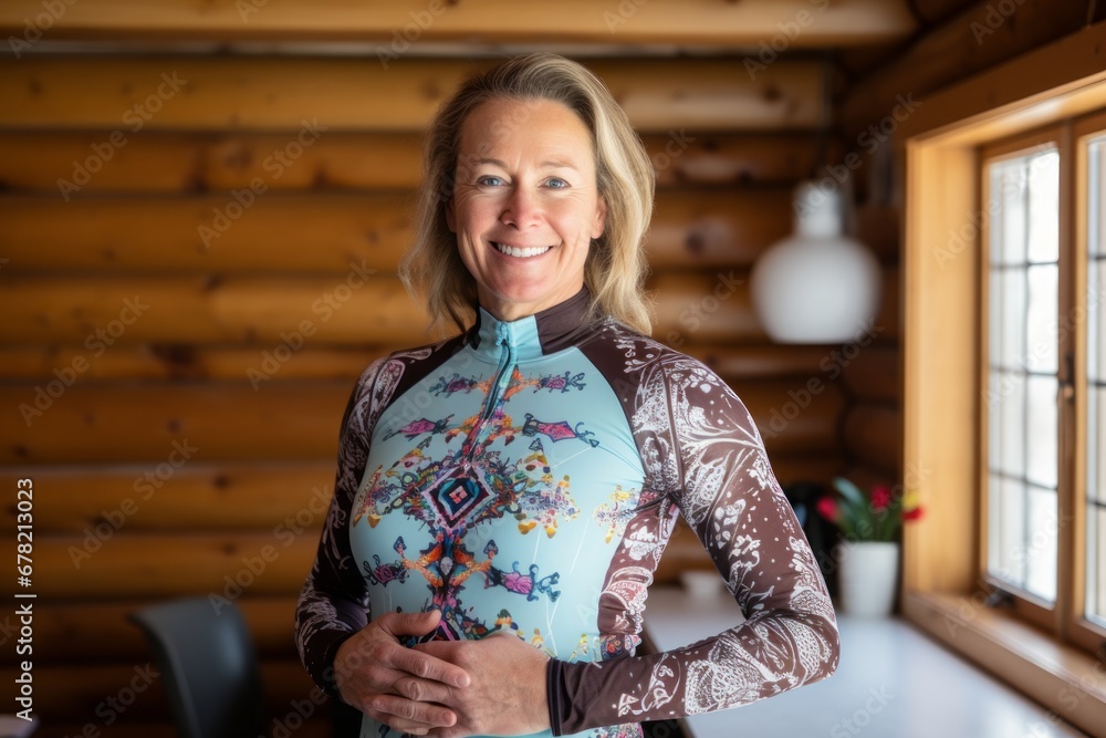 Portrait of a joyful woman in her 50s showing off a vibrant rash guard against a scandinavian-style interior background. AI Generation Portrait of a joyful woman in her 50s showing off a vibrant rash guard against a scandinavian-style interior background. AI Generation