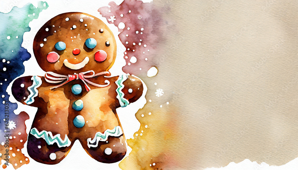 Fototapeta premium Colorful watercolor of a cute gingerbread man with copy space on a side