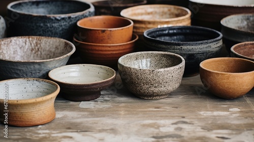 Generative AI, crafted pottery, still life of hand made pottery and ceramic bowls, hobby and leisure concept	
