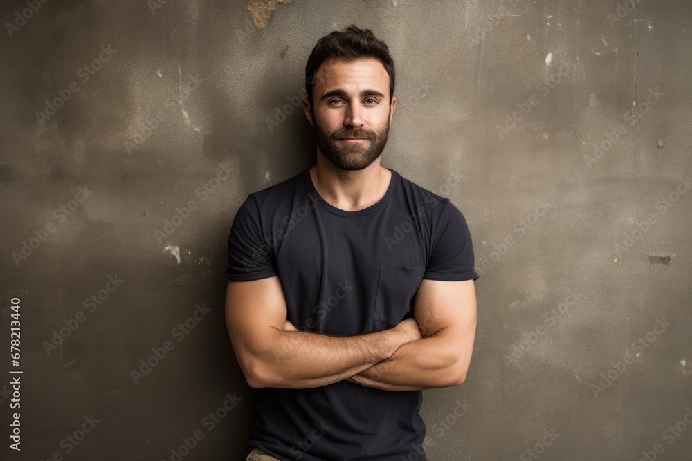 Portrait of a blissful man in his 30s sporting a vintage band t-shirt against a bare concrete or plaster wall. AI Generation Portrait of a blissful man in his 30s sporting a vintage band t-shirt against a bare concrete or plaster wall. AI Generation