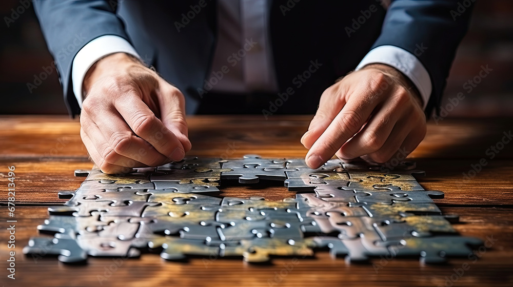 cropped shot of businessman assembling jigsaw puzzle at table in office cropped shot of businessman assembling jigsaw puzzle at table in office