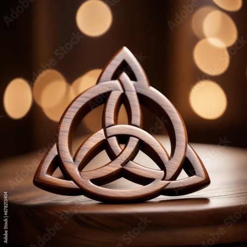Celtic knot, shamrock, Christian ornament. Symbol in the form of a sacred triquetra made of wood. photo