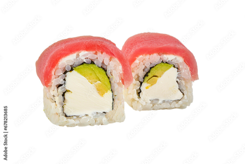 Sushi rolls on a white background. Japanese food of rice, seaweed, nori, trout and Philadelphia cheese. Sushi rolls on a white background. Japanese food of rice, seaweed, nori, trout and Philadelphia cheese.