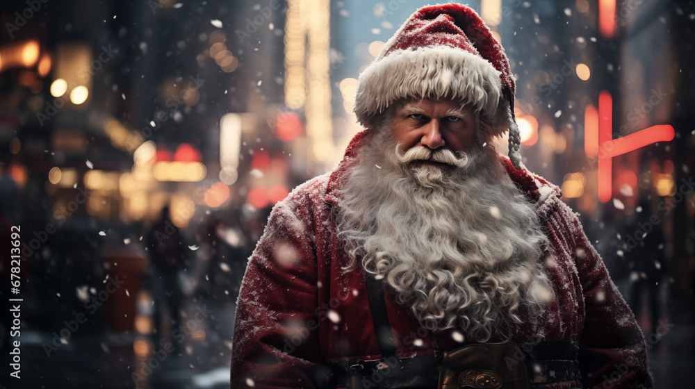 America 1930th. New York. Christmas. Merry Santa Claus. Snow. Celebration. Christmas trees