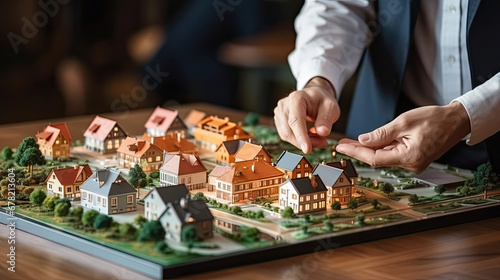 Real estate agent presenting model of house on wooden table, closeup. Real estate concept.