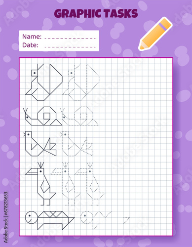 Drawing by cells. Educational game for preschool children. Worksheets for practicing logic and motor skills. Game for kids. Graphic tasks with different objects and elements. Vector illustration