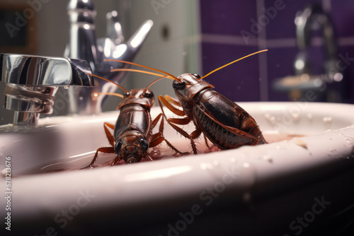 Pest Intruders, Cockroaches Unveiled in a Bathroom Environment