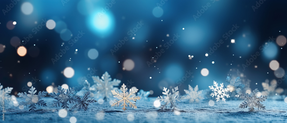 Fototapeta Christmas background with snowflakes and bokeh lights. 3d rendering. Winter background with snowflakes and bokeh.