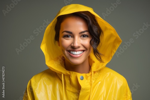 Portrait of a merry woman in her 30s wearing a vibrant raincoat against a blank studio backdrop. AI Generation © CogniLens