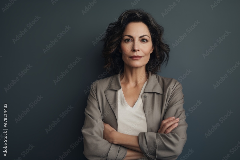 Portrait of a tender woman in her 40s wearing a chic cardigan against a blank studio backdrop. AI Generation Portrait of a tender woman in her 40s wearing a chic cardigan against a blank studio backdrop. AI Generation