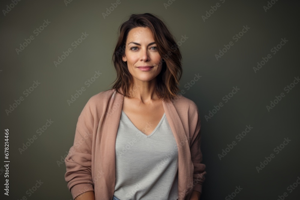 Portrait of a tender woman in her 40s wearing a chic cardigan against a blank studio backdrop. AI Generation Portrait of a tender woman in her 40s wearing a chic cardigan against a blank studio backdrop. AI Generation