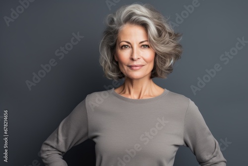 Portrait of a tender woman in her 50s showing off a thermal merino wool top against a blank studio backdrop. AI Generation