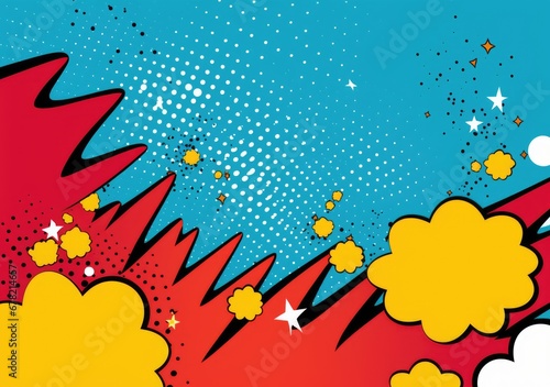 Pop art halftone background. Comic starburst pattern. Blue banner with star speech bubble