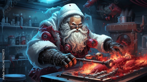 Sinister Santa Claus cooks food on fire. Fantasy concept , Illustration painting.