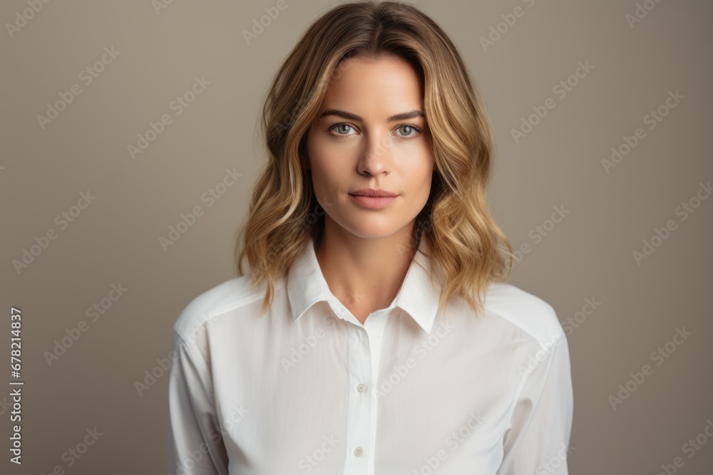 Portrait of a tender woman in her 30s donning a classy polo shirt against a light wood minimalistic setup. AI Generation Portrait of a tender woman in her 30s donning a classy polo shirt against a light wood minimalistic setup. AI Generation