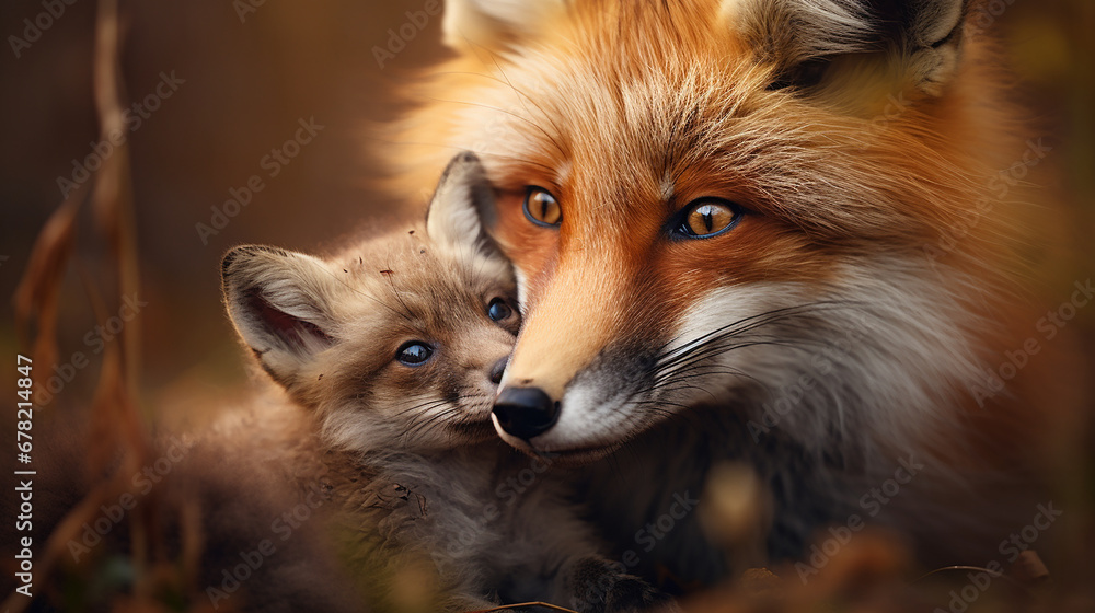 raposa com filhote, Foto adorável Amor de Mãe raposa com filhote, Foto adorável Amor de Mãe