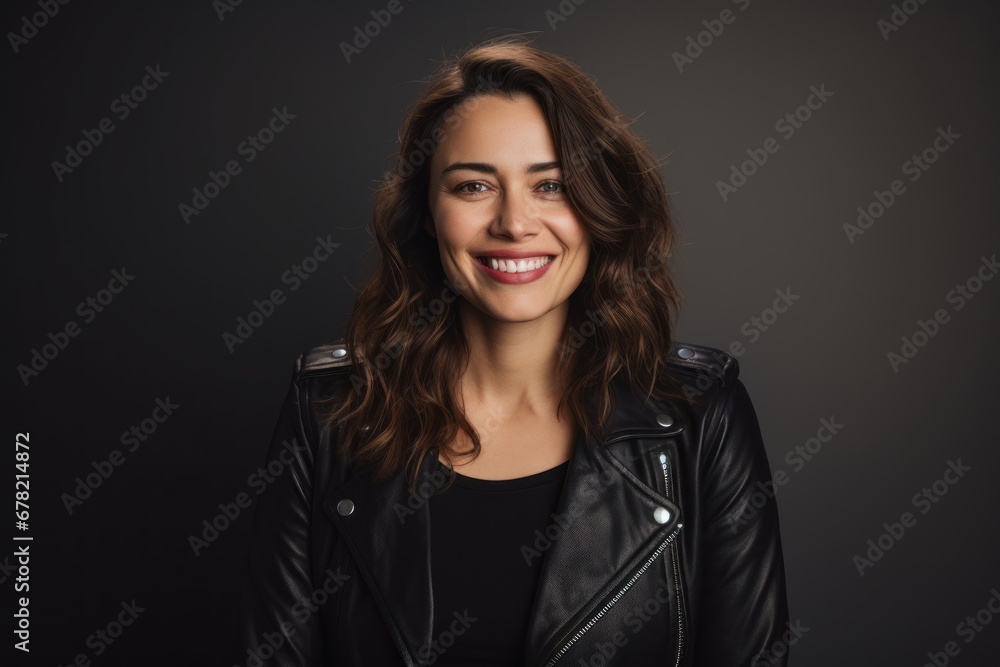 Portrait of a smiling woman in her 30s sporting a classic leather jacket against a light wood minimalistic setup. AI Generation