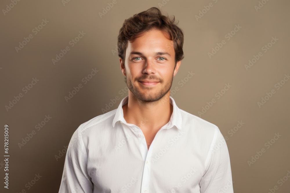 Portrait of a satisfied man in his 30s wearing a simple cotton shirt against a light wood minimalistic setup. AI Generation Portrait of a satisfied man in his 30s wearing a simple cotton shirt against a light wood minimalistic setup. AI Generation