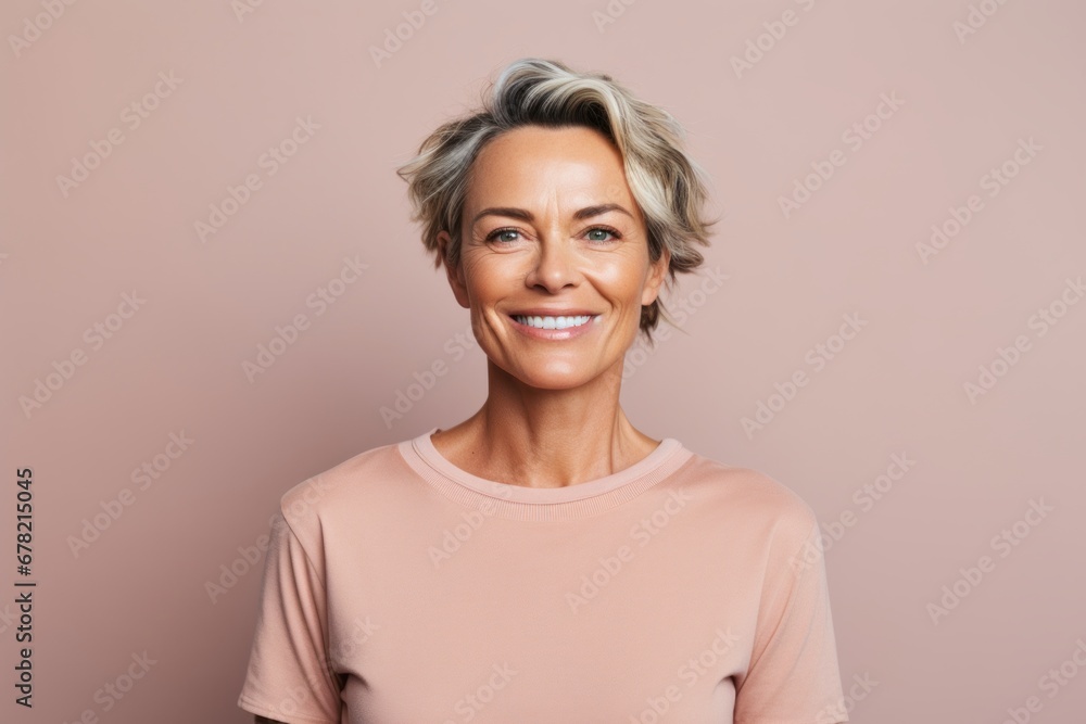 Portrait of a cheerful woman in her 40s donning a classy polo shirt against a light wood minimalistic setup. AI Generation Portrait of a cheerful woman in her 40s donning a classy polo shirt against a light wood minimalistic setup. AI Generation