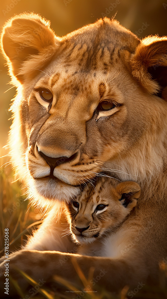 leoa com filhote, Foto adorável Amor de Mãe