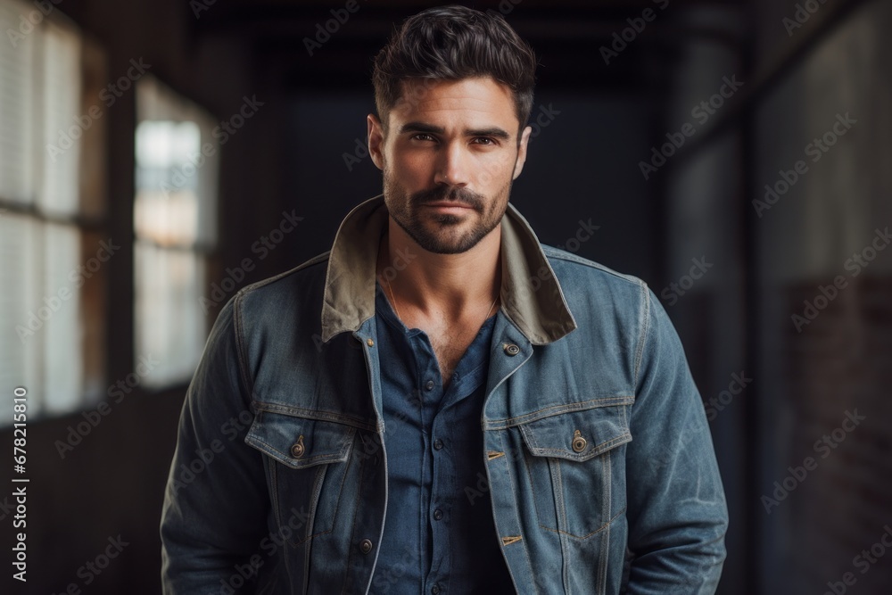 Portrait of a satisfied man in his 30s sporting a rugged denim jacket against a empty modern loft background. AI Generation Portrait of a satisfied man in his 30s sporting a rugged denim jacket against a empty modern loft background. AI Generation