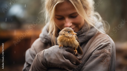 Leinwand Poster Adopt a Rescued Bird Month: A heartwarming image of a person holding a rescued b