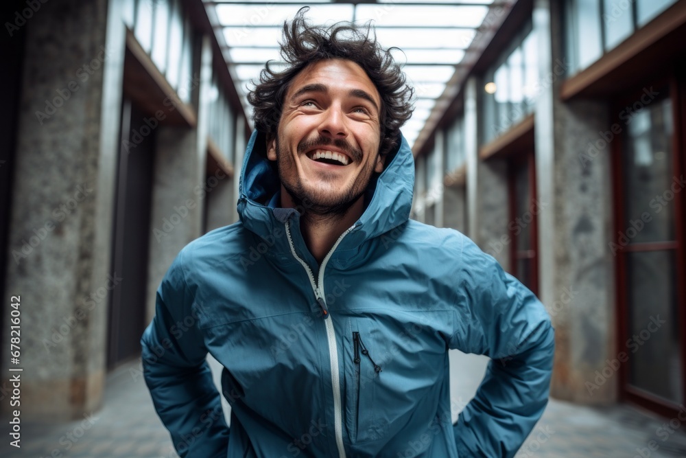 Portrait of a joyful man in his 30s wearing a windproof softshell against a empty modern loft background. AI Generation Portrait of a joyful man in his 30s wearing a windproof softshell against a empty modern loft background. AI Generation