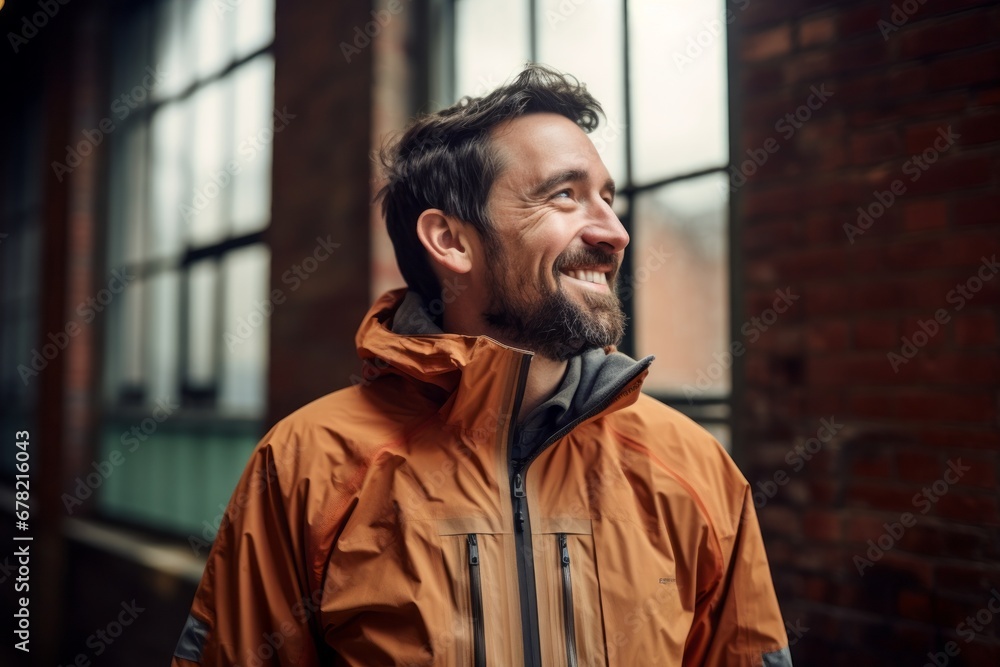 Portrait of a joyful man in his 30s wearing a windproof softshell against a empty modern loft background. AI Generation Portrait of a joyful man in his 30s wearing a windproof softshell against a empty modern loft background. AI Generation