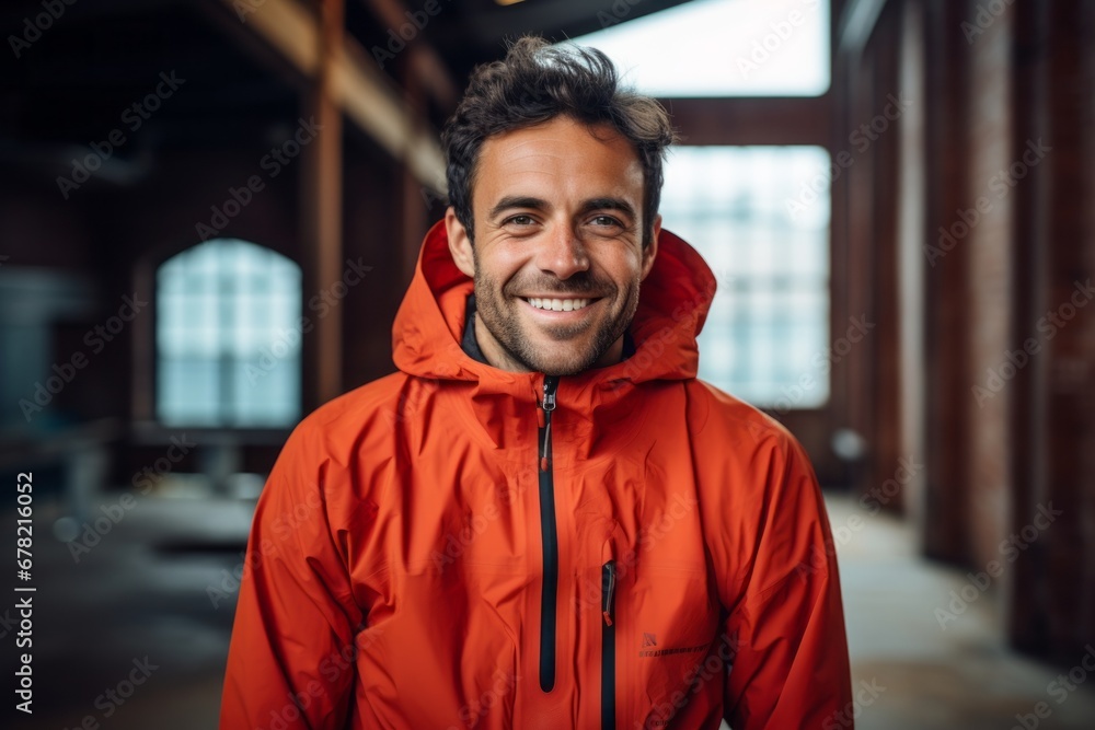 Portrait of a joyful man in his 30s wearing a windproof softshell against a empty modern loft background. AI Generation Portrait of a joyful man in his 30s wearing a windproof softshell against a empty modern loft background. AI Generation