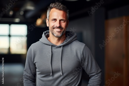 Portrait of a happy man in his 40s wearing a thermal fleece pullover against a empty modern loft background. AI Generation
