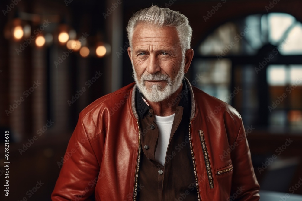 Portrait of a satisfied man in his 70s sporting a stylish varsity jacket against a empty modern loft background. AI Generation Portrait of a satisfied man in his 70s sporting a stylish varsity jacket against a empty modern loft background. AI Generation