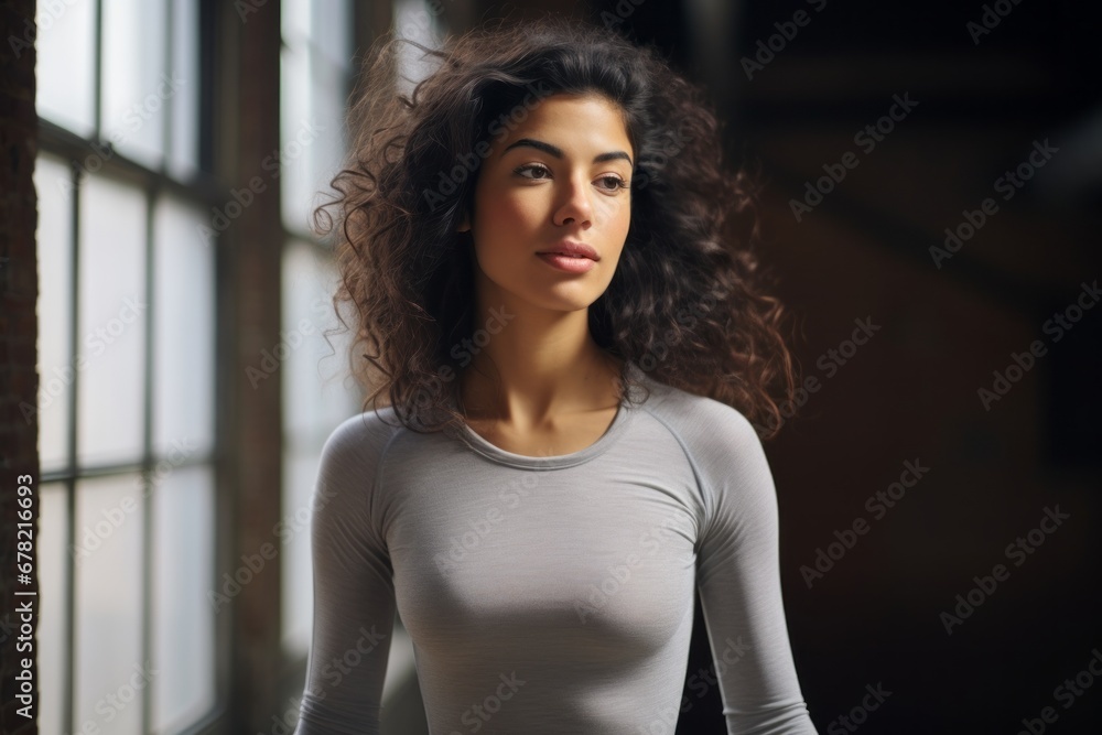 Portrait of a blissful woman in her 20s sporting a long-sleeved thermal undershirt against a empty modern loft background. AI Generation