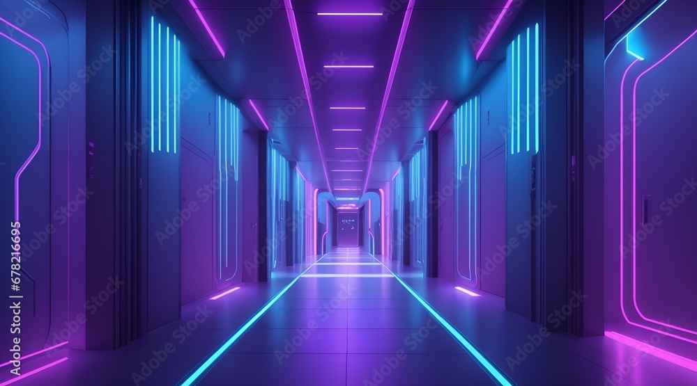 Abstract background of futuristic corridor with purple and blue neon lights Abstract background of futuristic corridor with purple and blue neon lights