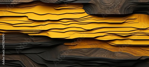 Wood art background illustration - Abstract closeup of detailed organic black yellow wooden waving waves wall texture banner wall, overlapping layers photo