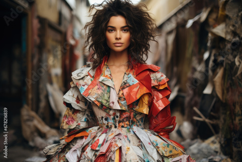 Model posing in a chic outfit made from recycled textile materials 